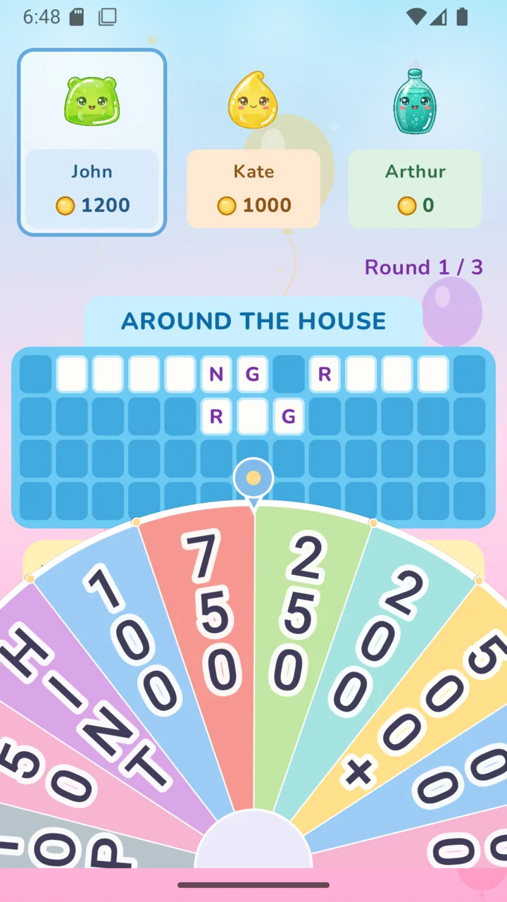 Spin & Guess game screen: colorful wheel and a board with a hidden phrase