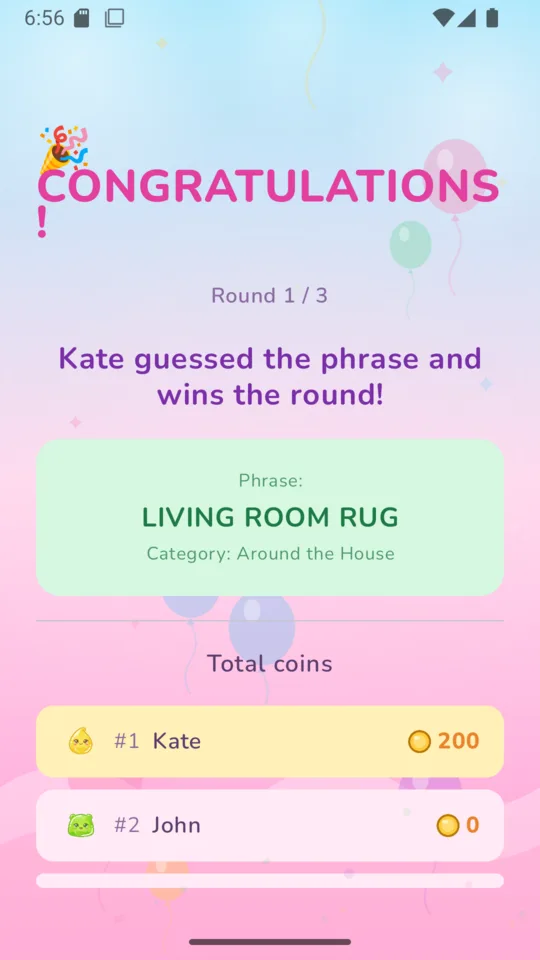 Round result: a player solved the phrase and won points