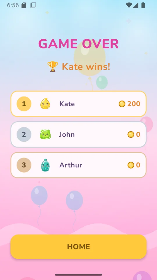 Game over screen with the final ranking