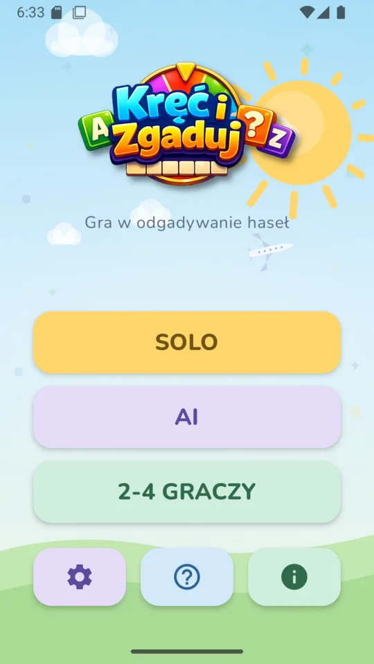 Ekran główny z wyborem trybu: Solo, AI lub 2–4 graczy