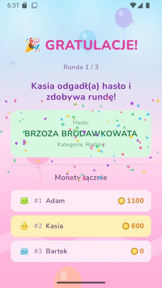 Wynik rundy: gracz odgadł hasło i zdobył punkty