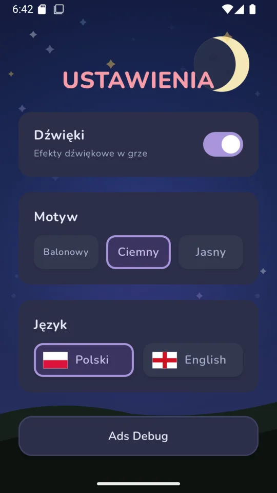 Ustawienia: dźwięki, motyw i język